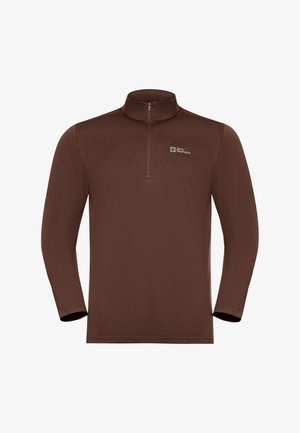 Bruine fleece pullover met lange mouwen, kwart-rits en Jack Wolfskin-logo op de linkerborst.