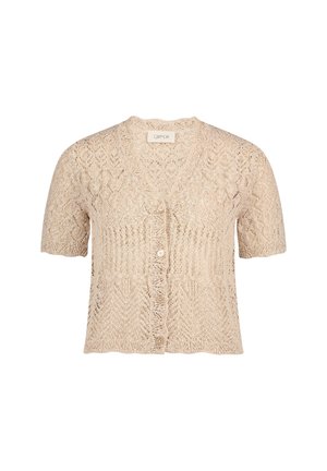 Beige short-sleeve knitted cardigan with a lace pattern, V-neck, and front button closure.