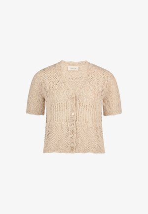 Beige short-sleeve knitted cardigan with a lace pattern, V-neck, and front button closure.