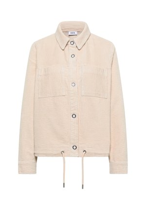 Veste en velours côtelé beige avec un col à revers, deux poches avant, des boutons-pression et une taille ajustable par cordon de serrage. Tissu texturé.