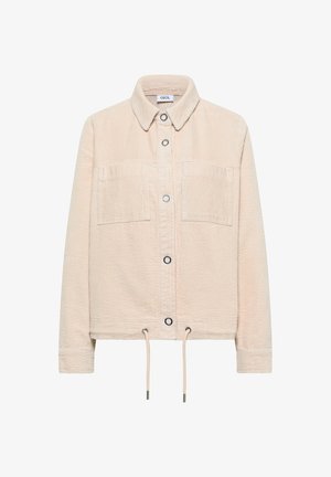 Beige corduroy jas met een kraag, twee voorzakken, drukknopen en een verstelbare taille met trekkoord. Gestructureerde stof.