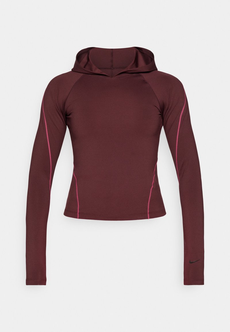 Bordeauxrotes Langarm-Hoodie aus dehnbarem Material, mit pinken Seitennähten und einem kleinen schwarzen Nike-Logo am Ärmel.