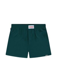 Boxer scuri in teal con una texture morbida, elastico in vita e un'etichetta con il logo di lato. Senza tasche o ulteriori decorazioni.