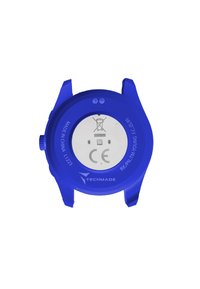 Montre intelligente en silicone bleu avec un cadran rond, un boîtier arrière blanc, un marquage CE et une surface texturée. Dispose d'une couronne sur le côté pour les réglages.