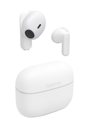 Kabellose weiße Ohrhörer mit Silikonspitzen und Ladeetui mit der Marke "hama" vor weißem Hintergrund.