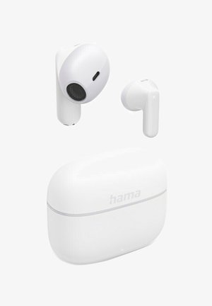 Wireless white earbuds with silicone tips and charging case branded "hama" against a white background.