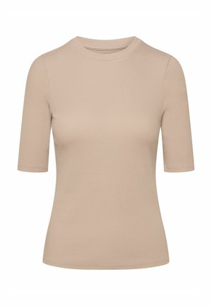 Beżowa krótką rękaw t-shirt z okrągłym dekoltem, z dopasowanym krojem i gładką fakturą. Bez widocznych logotypów ani wzorów.
