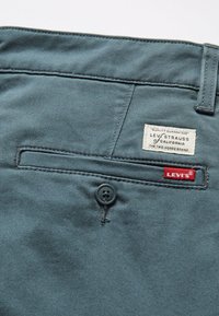 Gros plan sur la poche arrière d'un pantalon Levi’s couleur bleu sarcelle avec un bouton, présentant l'étiquette rouge Levi’s et une étiquette de marque blanche cousue au-dessus.