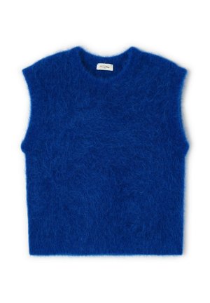 Sinine udune varrukateta kootud vest ümmarguse kaelusega, laotud lameda pinnaga.