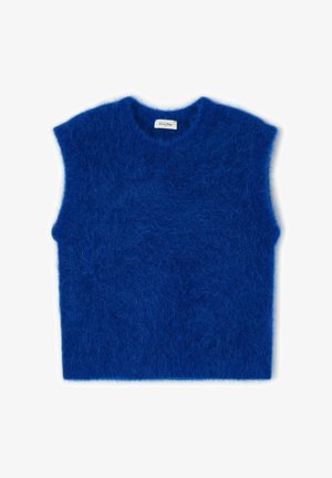 Sinine udune varrukateta kootud vest ümmarguse kaelusega, laotud lameda pinnaga.