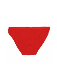 Slip bikini rosso realizzato in tessuto liscio ed elastico. Presenta un design semplice con vita bassa e fascia elastica in vita. Nessun motivo o dettaglio visibile.