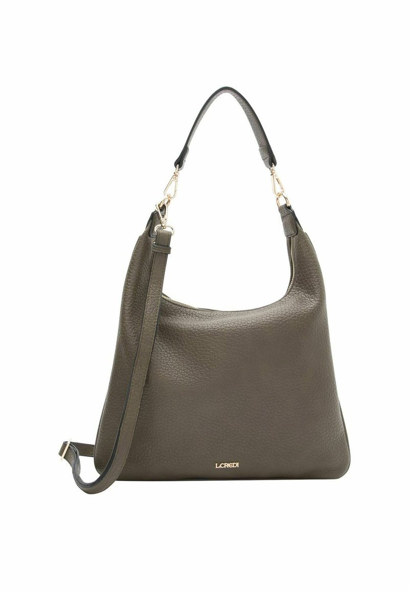 Olivegrüne Leder-Schultertasche mit strukturierter Oberfläche, goldenen Hardware-Akzenten und einem abnehmbaren Schulterriemen. Verfügt über ein geschwungenes Oberteil-Design.