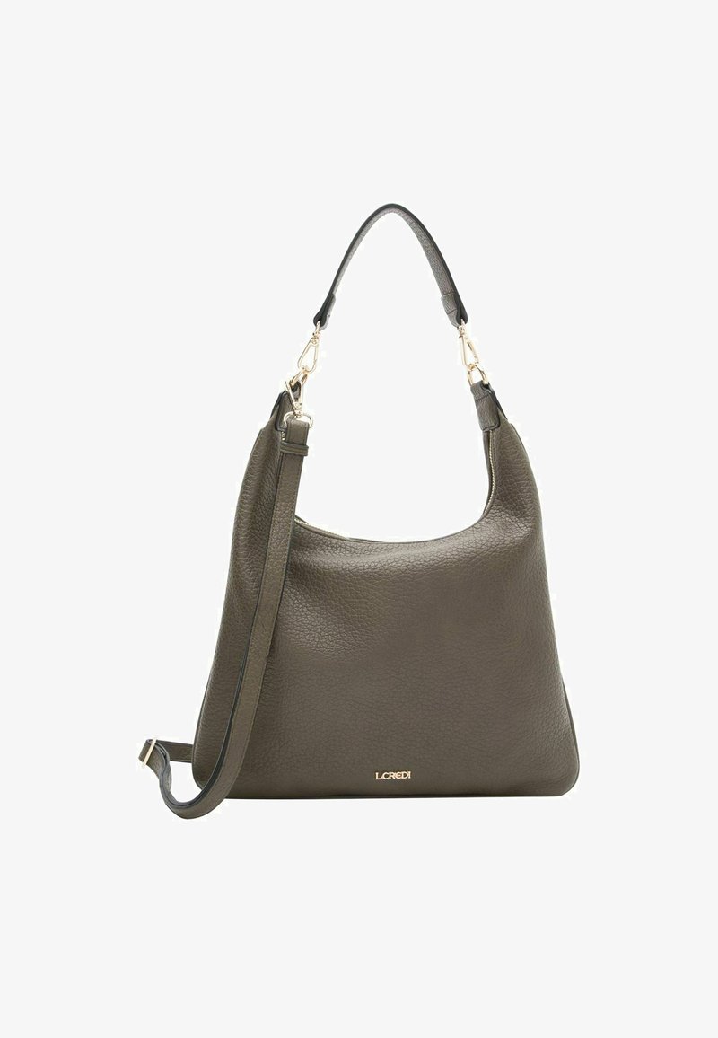 Olivegrüne Leder-Schultertasche mit strukturierter Oberfläche, goldenen Hardware-Akzenten und einem abnehmbaren Schulterriemen. Verfügt über ein geschwungenes Oberteil-Design.