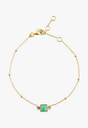 Arany lánc karkötő apró gömb alakú díszekkel és négyzet alakú türkiz kő középponttal. Lobster zárszerkezettel és állítható hosszúsággal rendelkezik.