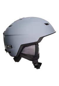 Matte grijze skihlem met verstelbare riemen, ventilatiegaten en afneembare oorbeschermers. Beschikt over een gestroomlijnd, aerodynamisch ontwerp voor comfort.