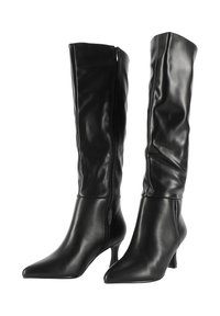 Stivali neri in finta pelle al ginocchio con punta affusolata, tacco a stiletto sottile e zip laterale per una facile vestibilità, caratterizzati da una texture liscia.