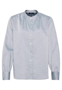 Chemise bleu clair à manches longues avec boutons, col rond et détail de tissu froncé au niveau du col et des poignets.