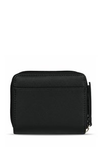 Black wallet made of textured material, featuring a zip closure, external card slot, and simple rectangular design.