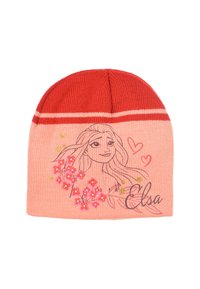 Knitted beanie in pink and red. Features a floral design and a line drawing of a character on the front. Accents include the name "Elsa."