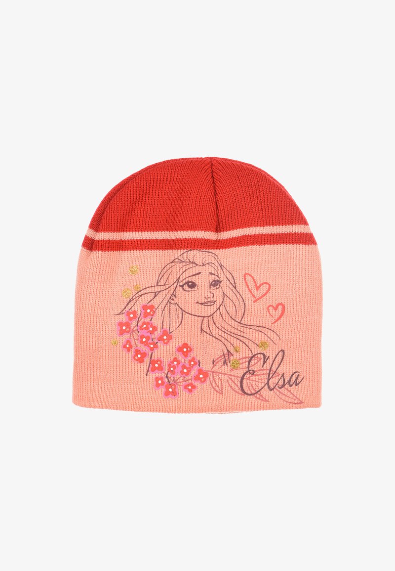 Knitted beanie in pink and red. Features a floral design and a line drawing of a character on the front. Accents include the name "Elsa."