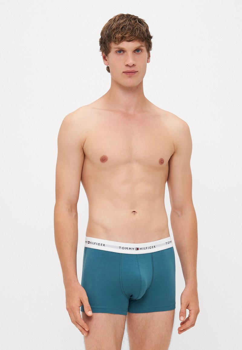 Teal színű pamut boxer alsónadrág fehér elasztikus derékrésszel, amelyen a "TOMMY HILFIGER" logó található. Testhezálló kialakítás sima tapintással.