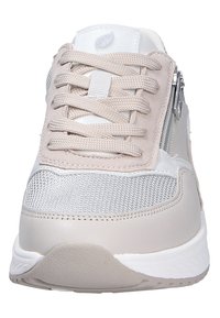 Shoe with a light beige suede upper and silver mesh accents; features laces, a side zipper, and a textured rubber sole.