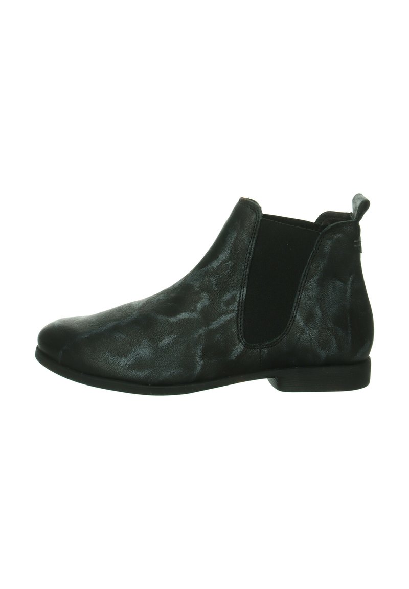 Schwarze Leder-Ankle-Boots mit elastischen Seiteneinsätzen, runder Zehenpartie, glatter Textur, niedrigem Absatz und dezentem Glanz.