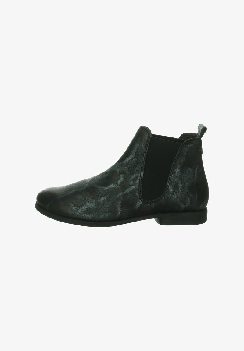 Schwarze Leder-Ankle-Boots mit elastischen Seiteneinsätzen, runder Zehenpartie, glatter Textur, niedrigem Absatz und dezentem Glanz.