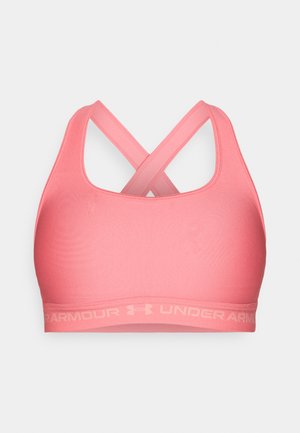 Różowy sportowy stanik z gładką fakturą, z krzyżującym się z tyłu paskiem oraz elastyczną opaską z logo "UNDER ARMOUR".