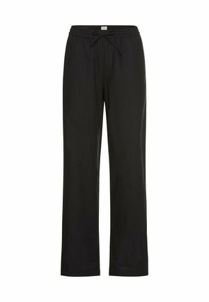 Zwarte, loszittende broek met een elastische tailleband en een koorddetail. Zacht materiaal, rechte pijpen, geen zichtbare patronen of accenten.