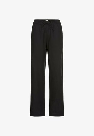 Czarne, luźne spodnie z elastycznym paskiem i detalem w postaci sznurka. Miękka tkanina, proste nogawki, bez widocznych wzorów czy akcentów.