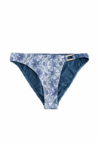Peldbikini apakšda zila ar paisley rakstu. Iezīmē gludu audumu, regulējamas sānu siksnas un kontrastējošu vienkrāsainu zilu oderi.