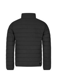 Juodas paminkštintas švarkas su aukštu apsiaustu, turintis kanalo siuvinėjimo dizainą ir elastingas rankoves. Daili, lengva medžiaga be matomų metalinių detalių.