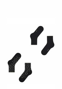 Schwarze Socken im Set mit zwei Stilen: einfarbig schwarz und mit weißen Punkten gemustert; jeweils mit kontrastierenden Bündchen und Branding-Details.