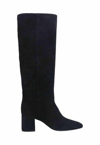 Stivale in suede blu scuro, alto fino al ginocchio, con tacco a blocco, punta affusolata e superficie liscia, caratterizzato da cuciture minime e una silhouette sobria.