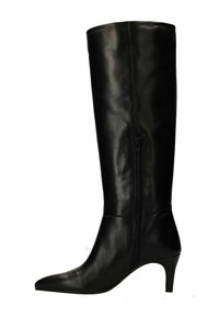 Botte en cuir noir hauteur genou avec un bout pointu et un talon de 5 cm, dotée d'une fermeture éclair sur le côté et d'une finition lisse et brillante.