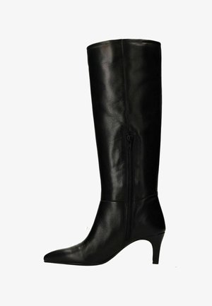 Black leather knee-high boot with a pointed toe and a 2-inch heel, featuring a side zipper for closure and a smooth, glossy finish.