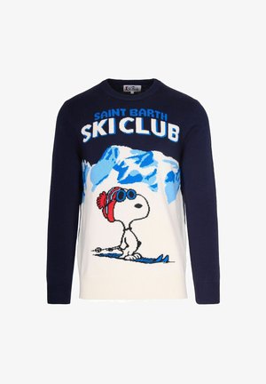 Maglione a maglia blu navy con un grafiche bianca e blu di un personaggio dei cartoni animati che sci, con il testo "SAINT BARTH SKI CLUB".