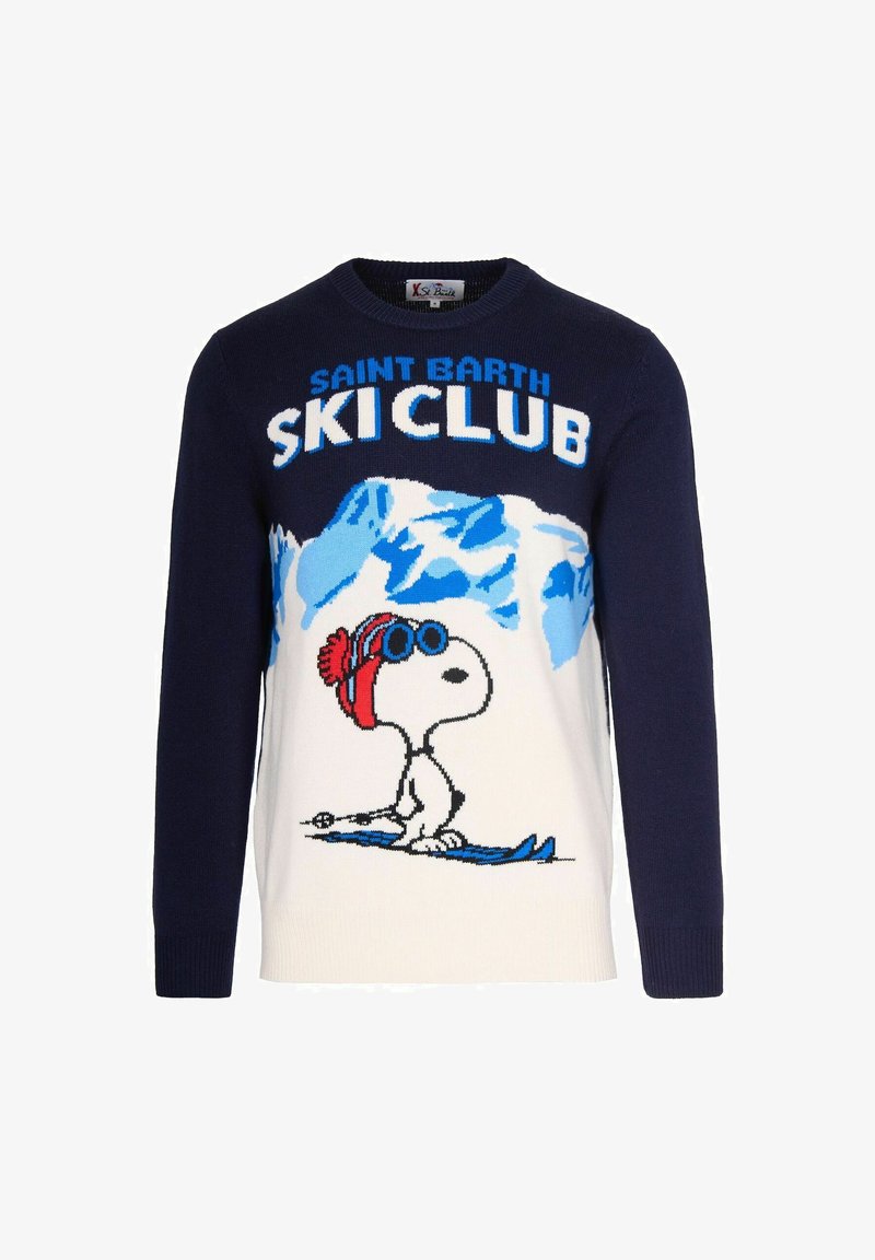 Maglione a maglia blu navy con un grafiche bianca e blu di un personaggio dei cartoni animati che sci, con il testo "SAINT BARTH SKI CLUB".