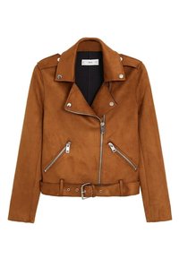 Brązowa skórzana kurtka motocyklowa z asymetrycznym zamkiem z przodu, srebrnymi zatrzaskami, zamykanymi kieszeniami bocznymi i dopasowanym paskiem w talii.