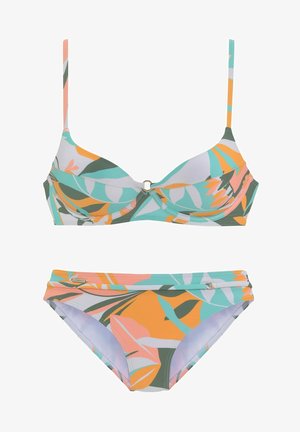 Bikini-Set mit floralem Muster in Türkis, Orange und Grün. Das Top verfügt über Bügel und dünne Träger; die Unterteile haben ein umgeschlagenes Design.