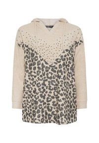 Beige en grijze pullover hoodie met luipaardprint, voorzien van een V-vormig ontwerp, decoratieve studs en een trekkoordkap. Zachte stoftextuur.