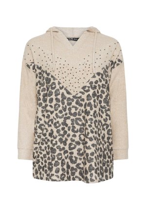 Beige en grijze pullover hoodie met luipaardprint, voorzien van een V-vormig ontwerp, decoratieve studs en een trekkoordkap. Zachte stoftextuur.