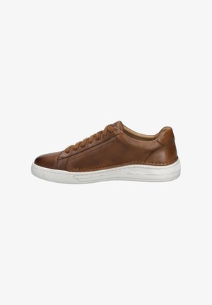 Braune Leder-Sneaker mit einer weißen Gummisohle, ausgestattet mit Schnürverschluss, runder Zehenpartie und kontrastierenden Nähten entlang der Seite.