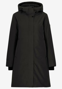 Zwarte, waterdichte parka met een capuchon, met een slank ontwerp, lange mouwen en zijzakken. Soepele textuur met minimale details.