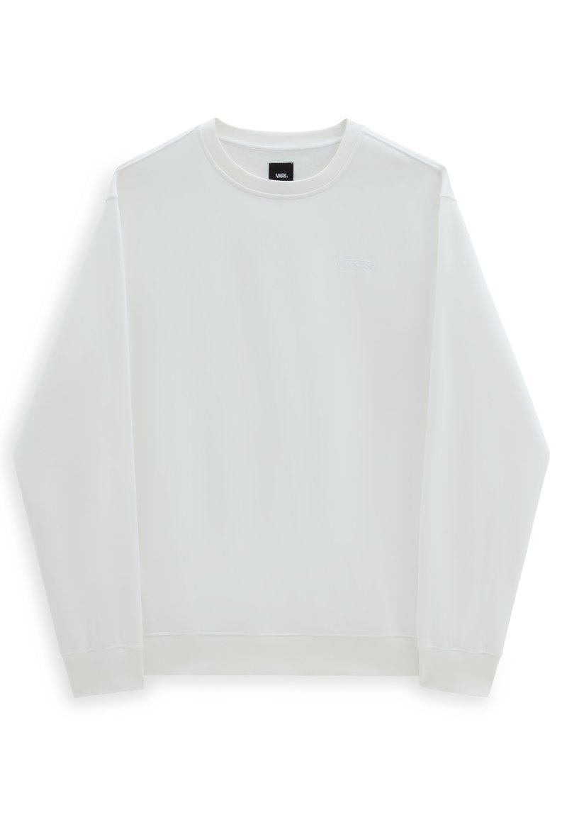 Weißes Sweatshirt aus weichem Stoff mit Rundhalsausschnitt, langen Ärmeln und dezentem Vans-Logo auf der Brust. Glatte Textur, reguläre Passform.