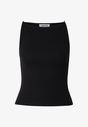 Zwarte mouwloze geribde tanktop met rechte halslijn en merklapje "EDITED" aan de achterkant binnenin de kraag.
