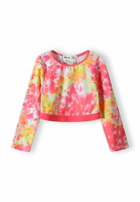 Dolge rokave skrajšan zgornji del iz mehkega materiala z vzorcem tye-dye v roza, rumenih in belih odtenkih. Obdan je z enotnim roza pasom.