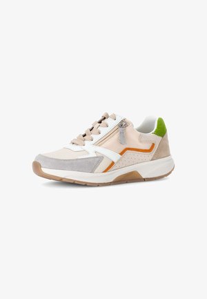 Beige and gray sneaker with a textured upper, white accents, orange and green detailing, featuring a side zipper and perforated design.