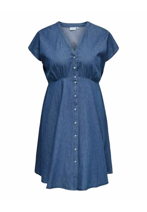 Blauwe denim jurk tot op de knie met V-hals, korte mouwen, getailleerde taille en knoopsluiting aan de voorkant.